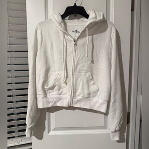 Hollister White Cropped Full-Zip Hooded Sweatshirt